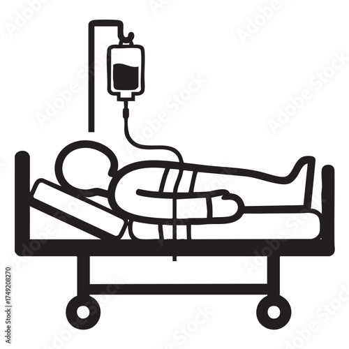 Medical care icon depicting patient receiving intravenous fluid therapy while lying in hospital bed vector