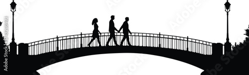 Silhouette of people walking hand in hand on bridge, romantic couple relationship, love connection, unity, outdoor park illustration, vector art