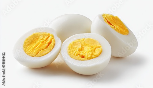 Three halved hard-boiled eggs, yolks visible,  pale yellow,  white egg whites,  on a white background