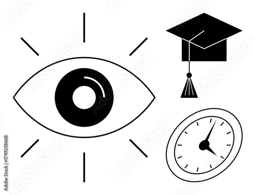 Large eye with rays, graduation cap with tassel, and analog clock. Ideal for education, vision, time management, future planning, learning, personal development simple flat metaphor