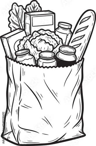 Handdrawn line art illustration of a paper grocery bag overflowing with fresh food bread and vegetables.
