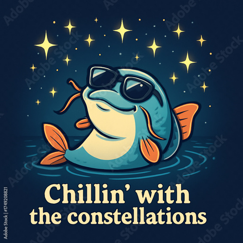 Cheerful Blue Fish Wearing Sunglasses Floating Under Starry Night Sky – Fun Cartoon Illustration for Kids’ Designs, T-Shirts, and Cosmic Animal Art