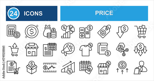 Price line icon set with editable stroke, featuring budget calculator, cost, price drop, estimate, shopping insight, low price, retail, and expense in clean thin linear illustration style.