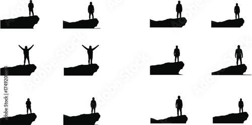 Silhouette of person standing on mountain cliff, outdoor adventure concept, freedom exploration scene, hiking travel, nature landscape vector art
