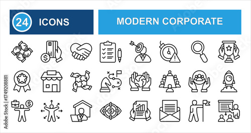 Modern corporate business line icon set with editable stroke, featuring handshake, partnership, task, target, deadline, research, achievement, and branding in clean thin linear style.