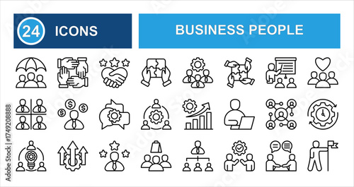 Business people line icon set with editable stroke, featuring stakeholder, partnership, organization, teamwork, training, workshop, customers, and meeting in clean thin linear style.