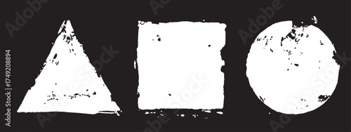Illustration with hand drawn strokes of paint. Forms of a circle, a triangle and a square. Artistic white design elements isolated on a black background.