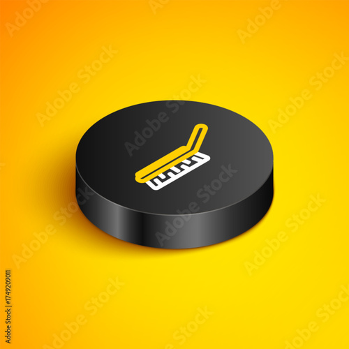 Isometric line Brush for cleaning icon isolated on yellow background. Cleaning service concept. Black circle button. Vector