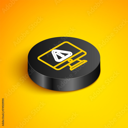 Isometric line Computer monitor with exclamation mark icon isolated on yellow background. Alert message smartphone notification. Black circle button. Vector