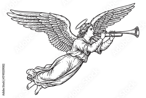 Flying Angel with a Halo, Wings Trumpet or Horn