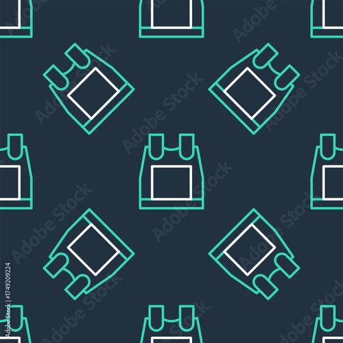 Line Bulletproof vest for protection from bullets icon isolated seamless pattern on black background. Body armor sign. Military clothing. Vector