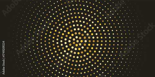 Aesthetic Gold Glitter Halftone Dotted Backdrop. Abstract Circular Retro Pattern. Pop Art Style Background. Golden Explosion Of Confetti. Digitally Generated Image. Vector Illustration, Eps 10.