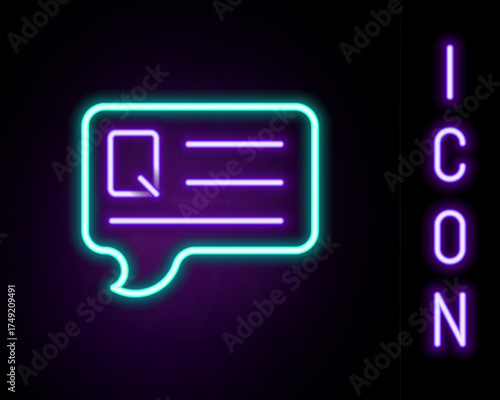 Glowing neon line Speech bubbles with Question icon isolated on black background. FAQ sign. Chat speech bubble and chart. Colorful outline concept. Vector