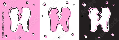 Set Broken tooth icon isolated on pink and white, black background. Dental problem icon. Dental care symbol. Vector