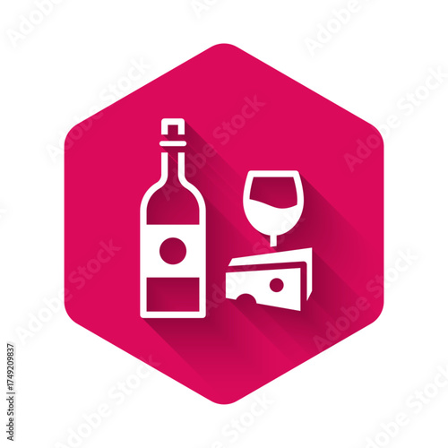 White Wine bottle with glass and cheese icon isolated with long shadow. Romantic dinner. Pink hexagon button. Vector