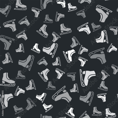 Grey Skates icon isolated seamless pattern on black background. Ice skate shoes icon. Sport boots with blades. Vector