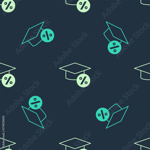 Green and beige Graduation cap and coin icon isolated seamless pattern on blue background. Education and money. Concept of scholarship cost or loan, tuition or study fee. Vector