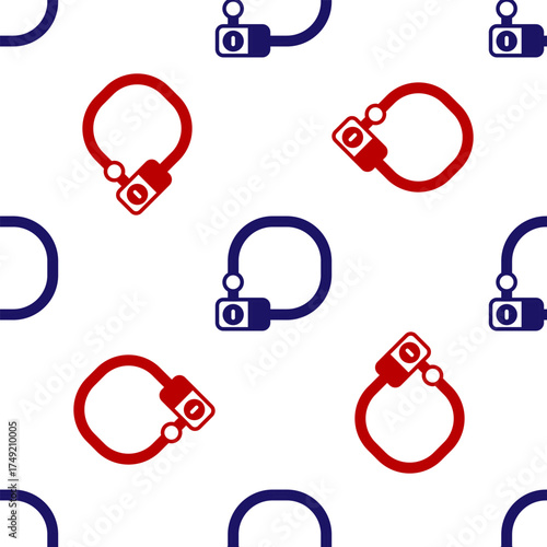 Blue and red Bicycle lock U shaped industrial icon isolated seamless pattern on white background. Vector
