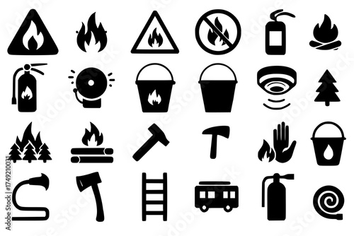A comprehensive set of 25 black and white vector icons representing fire safety, emergency response, and firefighting tools