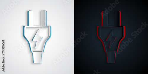 Paper cut Electric plug icon isolated on grey and black background. Concept of connection and disconnection of the electricity. Paper art style. Vector