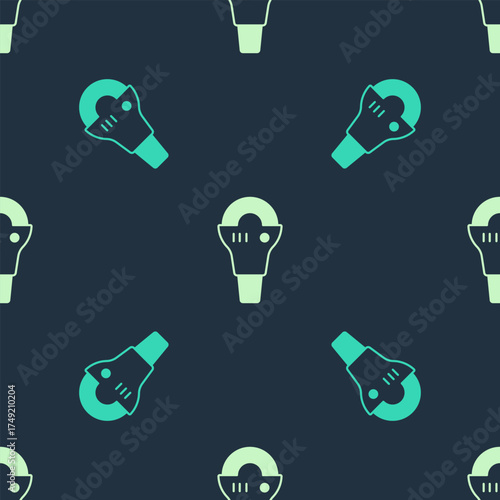 Green and beige Angle grinder icon isolated seamless pattern on blue background. Vector