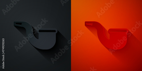 Paper cut No pipe smoking icon isolated on black and red background. Dont smoke. Tobacco pipe. Paper art style. Vector
