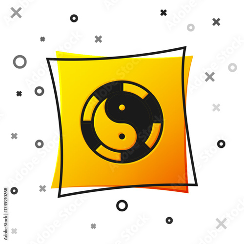 Black Yin Yang symbol of harmony and balance icon isolated on white background. Yellow square button. Vector