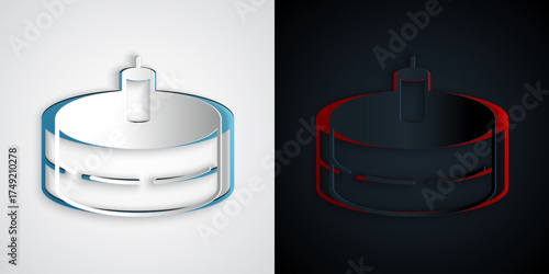 Paper cut Cake with burning candles icon isolated on grey and black background. Happy Birthday. Paper art style. Vector