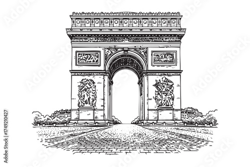 Arc de Triomphe Famous Parisian Monument engraving vector illustration