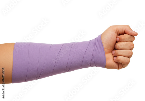Isolated lower arm tightly wrapped in lavender bandage on a person's hand, close-up shot