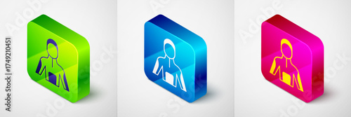 Isometric Wetsuit for scuba diving icon isolated on grey background. Diving underwater equipment. Square button. Vector