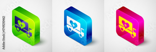 Isometric Humanitarian truck icon isolated on grey background. Square button. Vector