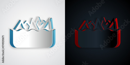 Paper cut Sharp stone reefs protruding from the sea, a danger to sea ships and vessels icon isolated on grey and black background. Paper art style. Vector