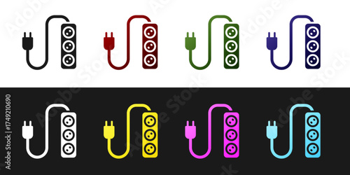Set Electric extension cord icon isolated on black and white background. Power plug socket. Vector