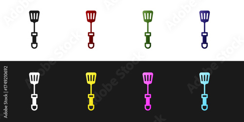 Set Spatula icon isolated on black and white background. Kitchen spatula icon. BBQ spatula sign. Barbecue and grill tool. Vector