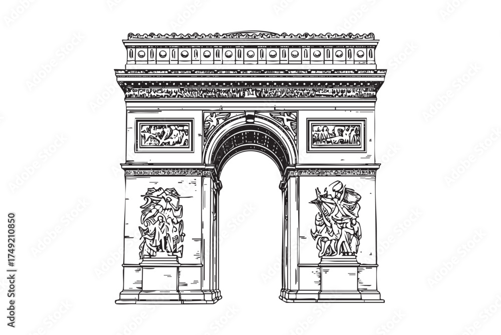 Fototapeta premium Arc de Triomphe Famous Parisian Monument engraving vector illustration