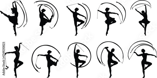 Silhouette of rhythmic gymnasts performing dance with ribbons, elegant women athletes motion, fitness art concept, vector design illustration setSilhouette of rhythmic gymnasts performing  