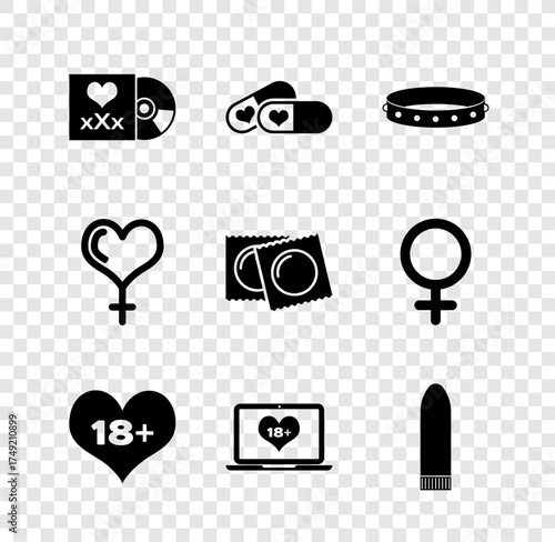 Set Disc with inscription Sex, Pills for potency, Leather fetish collar, 18 plus content heart, Laptop, Dildo vibrator, Female gender and and Condoms package icon. Vector