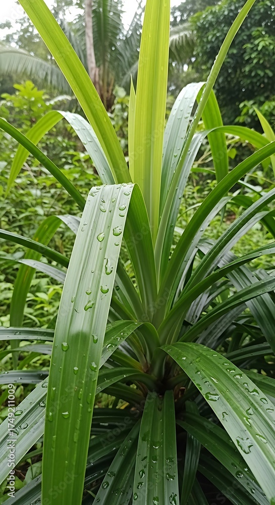 Obraz premium Lush Pandan Plant with Dew Drops in Tropical Garden.