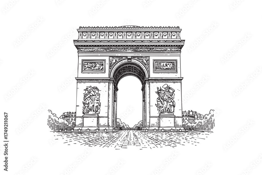 Fototapeta premium Arc de Triomphe Famous Parisian Monument engraving vector illustration
