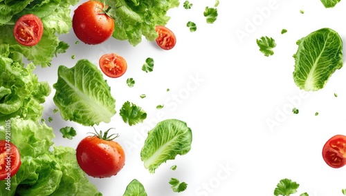 Freshly harvested salad ingredients, tomatoes, lettuce, and cilantro, levitating in mid-air, against a pristine white backdrop, creating a vibrant food-themed composition