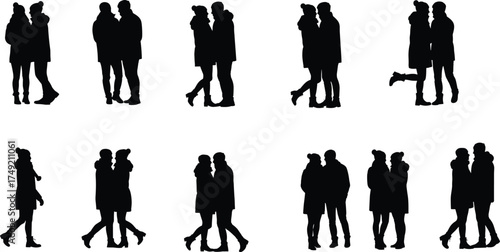 Silhouette of romantic couple walking together, man and woman in love embracing, people enjoying affection, relationship, romance, and togetherness 