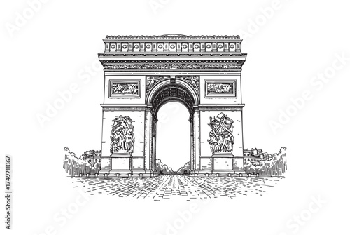 Arc de Triomphe Famous Parisian Monument engraving vector illustration
