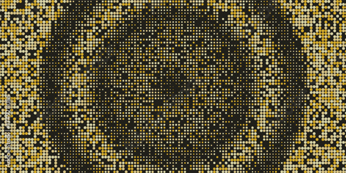 Aesthetic Gold Glitter Halftone Dotted Backdrop. Abstract Circular Retro Pattern. Pop Art Style Background. Golden Explosion Of Confetti. Digitally Generated Image. Vector Illustration, Eps 10.