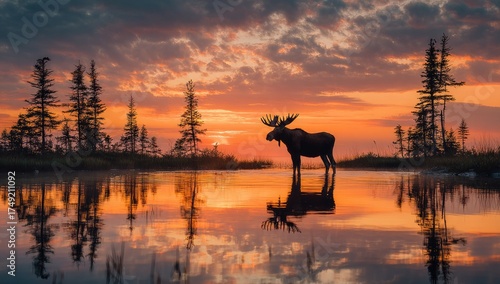 Moose silhouette standing in water at sunset with tree reflections
