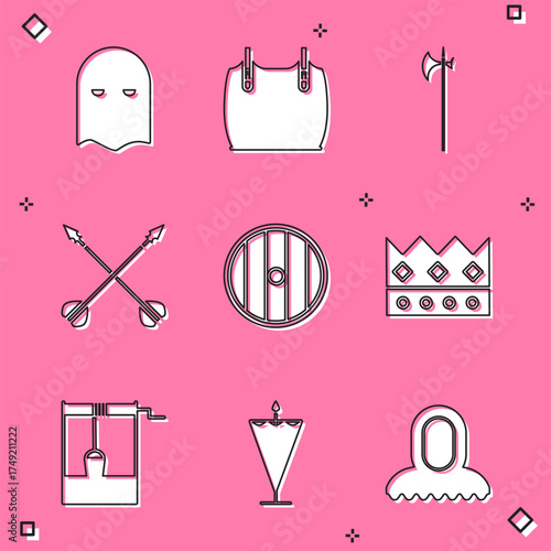 Set Executioner mask, Body armor, Medieval halberd, crossed arrows, Round wooden shield, King crown, Well with bucket and flag icon. Vector