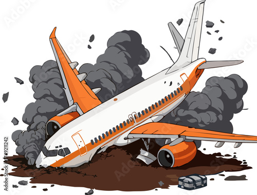 Cartoon Vector Illustration of Airplane Crash with Smoke, Debris, and Luggage – Dramatic Plane Accident Scene