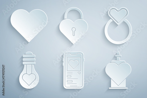 Set Mobile with heart, Wedding rings, Heart shape light bulb, Bottle love potion, Castle the of and icon. Vector