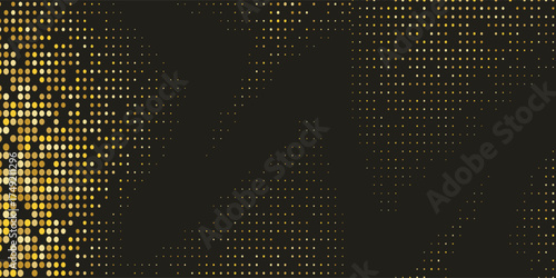 Aesthetic Gold Glitter Halftone Dotted Backdrop. Abstract Circular Retro Pattern. Pop Art Style Background. Golden Explosion Of Confetti. Digitally Generated Image. Vector Illustration, Eps 10.