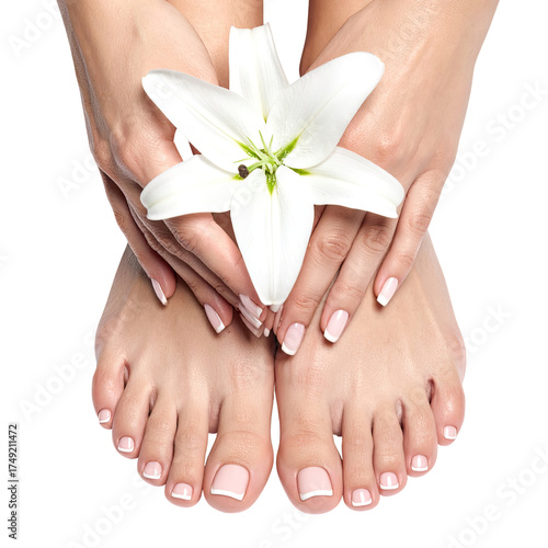 Woman's feet and hands hold white lily flower, manicured nails. Perfect beauty scene